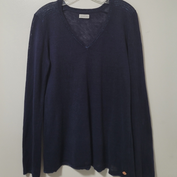 Harris Wilson Navy Blue Linen Knit V-neck Sweater Size Large Long Sleeve Logo . - Picture 4 of 15